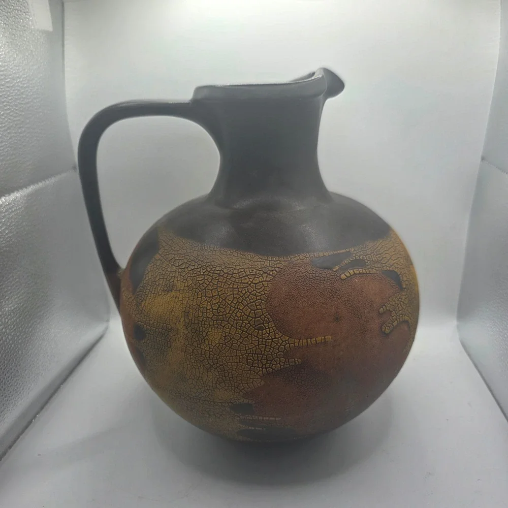 Vintage Art Pottery Pitcher Jug Crackle Glaze Abstract Brown Black Gold Large